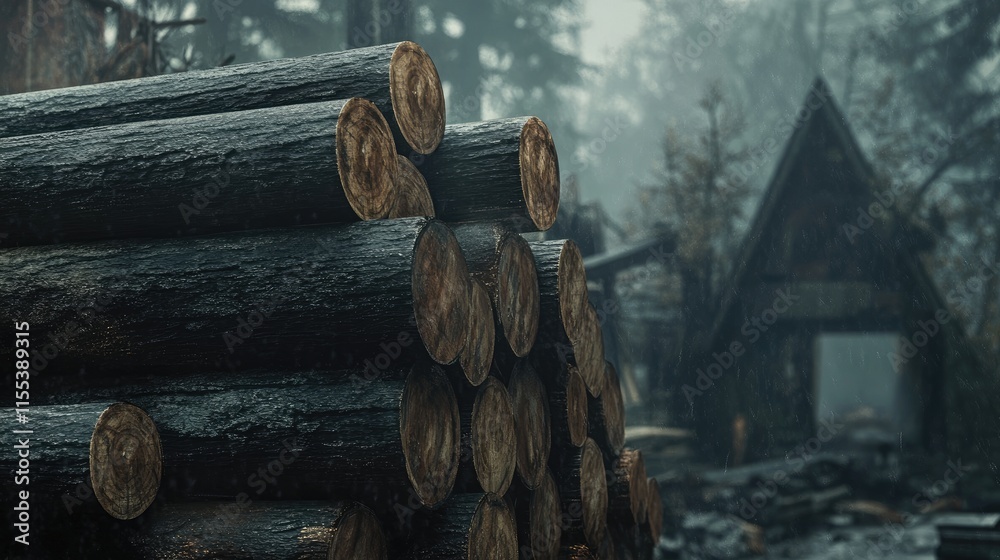 Stacks of Freshly Cut Tree Logs Ready for Processing at an Abandoned Sawmill in a Forested Area Stacks of Freshly Cut Tree Logs Ready for Processing at an Abandoned Sawmill in a Forested Area