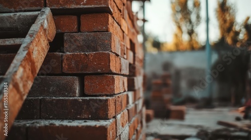 Stacked red bricks at a construction site ready for building projects in a warm sunset light highlighting the textures and colors of masonry. photo