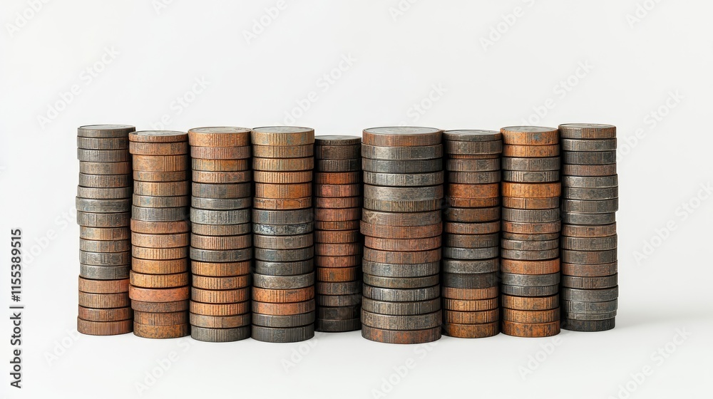 Columns of stacked coins in varying heights arranged on a white background illustrating financial growth and wealth accumulation. Columns of stacked coins in varying heights arranged on a white background illustrating financial growth and wealth accumulation.