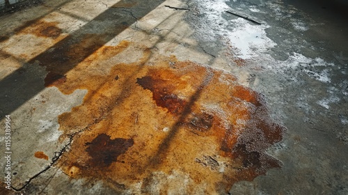 Rusty stains on worn concrete floors illuminated by sunlight showcasing texture and imperfections in an industrial setting photo