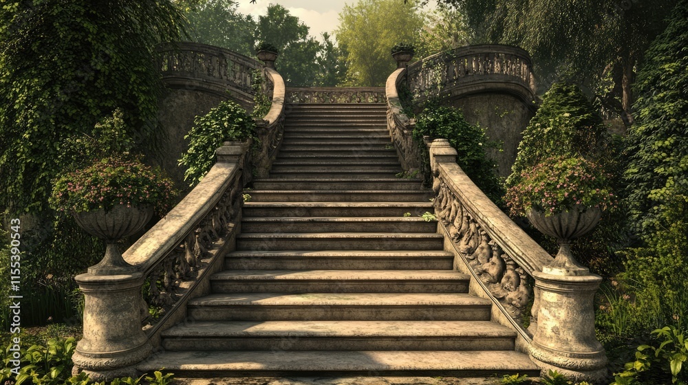 Elegant Stone Staircase Surrounded by Lush Greenery in an Enchanting Botanical Garden Setting Elegant Stone Staircase Surrounded by Lush Greenery in an Enchanting Botanical Garden Setting