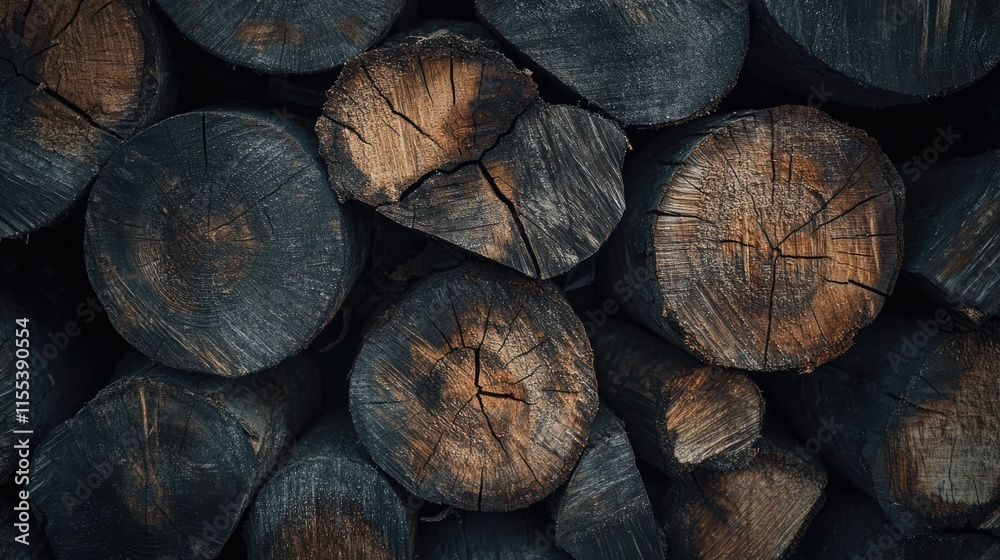 Naklejka premium Stacked firewood logs with textured surfaces in a visually appealing arrangement ideal for rustic backgrounds or nature-themed designs