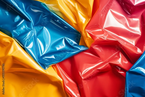 Vivid red, yellow, and blue crumpled plastic creates an abstract composition, evoking creativity, artistic expression, and vibrancy through its bold color palette. photo