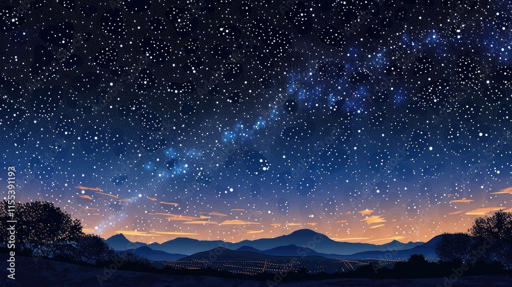 An ultrarealistic depiction of a starry night sky, with thousands of twinkling stars and the Milky Way stretching across the horizon An ultrarealistic depiction of a starry night sky, with thousands of twinkling stars and the Milky Way stretching across the horizon