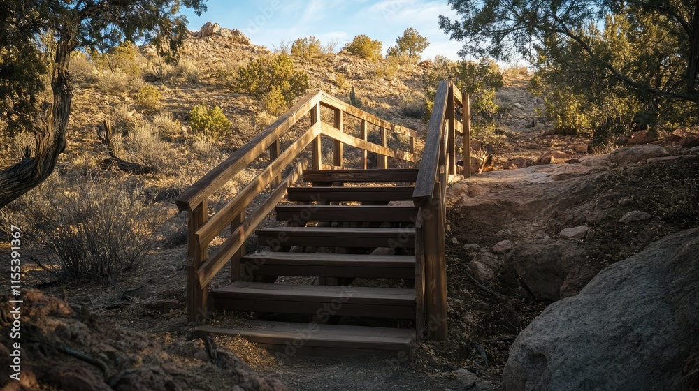 Wooden stairs leading to a scenic hiking trail surrounded by nature and rocky terrain in a peaceful outdoor setting Wooden stairs leading to a scenic hiking trail surrounded by nature and rocky terrain in a peaceful outdoor setting