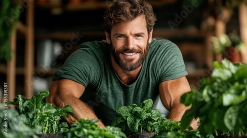 A gardener, wearing a t-shirt, happily works in a garden filled with flourishing green plants, embodying passion and tranquility while boosting organic growth. photo