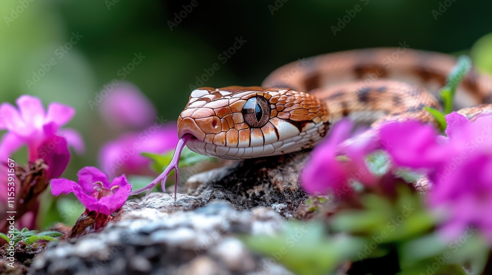 Obraz premium A detailed image of a snake, its delicate scales intricately displayed, amidst vivid flowers, represents nature's beauty and the elegance of wildlife.