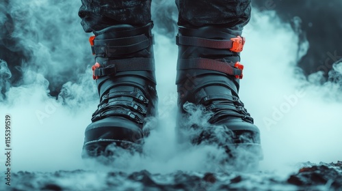 Sturdy black boots emerge from the mist with a sense of rugged toughness and outdoor adventure, epitomizing modern style and robust functionality in harsh terrains. photo