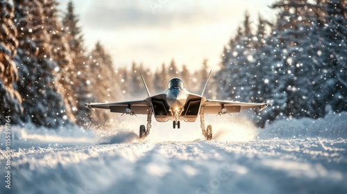 A powerful jet fighter takes flight from a snowy runway, cutting through the air surrounded by snow-dusted trees, symbolizing a harmony of speed and nature.