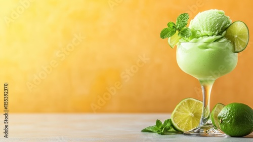 A glass filled with luscious mint lime sorbet topped with mint leaves and lime slices sits surrounded by more limes and a warm background, offering a fresh appeal. ©  Shomixer