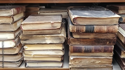 Wallpaper Mural Aged collection of worn books displayed on a wooden shelf in a quaint store highlighting literary history and nostalgia Torontodigital.ca