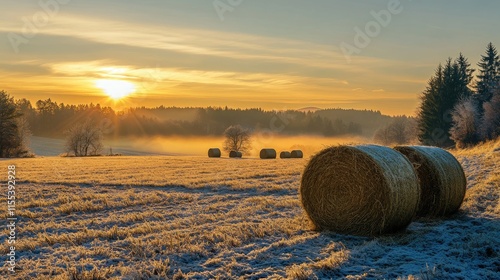 Sunrise over frosty field with stacked hay bales providing winter fodder for animals in serene rural landscape