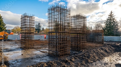 Stacked rebar grids ready for concrete foundation at construction site under clear blue sky and scattered clouds photo