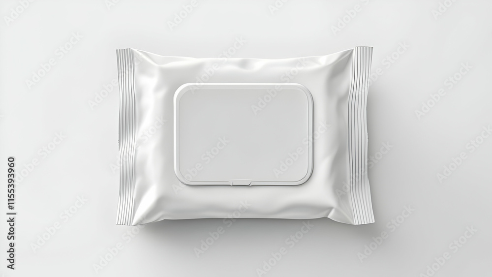 A topdown view of a pristine white wet wipes package. The sealed pouch features a blank label, ideal for branding. Simple, clean design. A topdown view of a pristine white wet wipes package. The sealed pouch features a blank label, ideal for branding. Simple, clean design.
