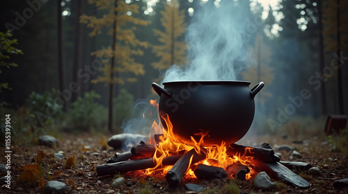 Large black cooking pot over fire in the woods during autumn season