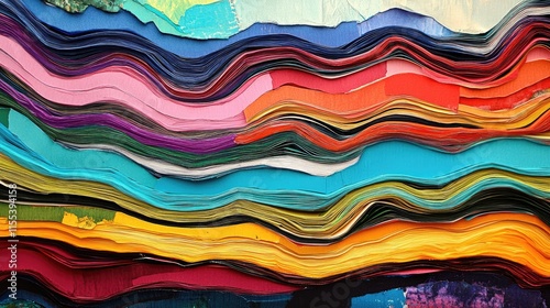 Multicolored paper stack showcasing vibrant textures and layers ideal for creative projects and design applications photo