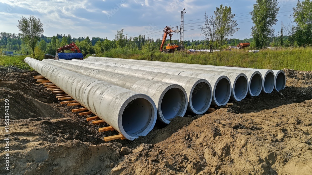 Concrete pipes stacked for pipeline construction surrounded by nature ready for infrastructure development and civil engineering projects. Concrete pipes stacked for pipeline construction surrounded by nature ready for infrastructure development and civil engineering projects.