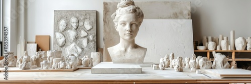 White Sculpture Bust and Clay Art Pieces in an Artist s Studio with Defocused Natural Light. photo