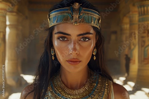 Queen of egypt wearing gold and turquoise jewelry and crown inside temple photo