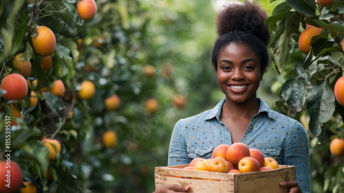 A confident young female farmer holding a crate of freshly picked fruit in a vibrant orchard photo