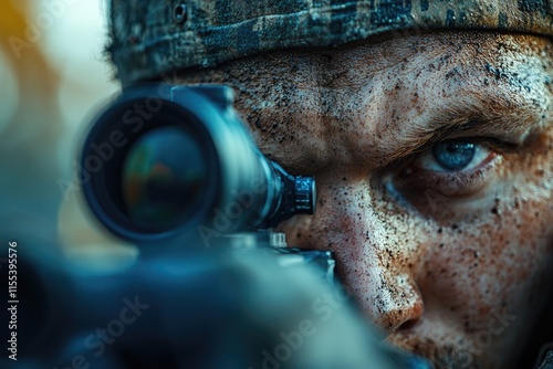 Soldier concentrating while aiming with sniper rifle during military operation