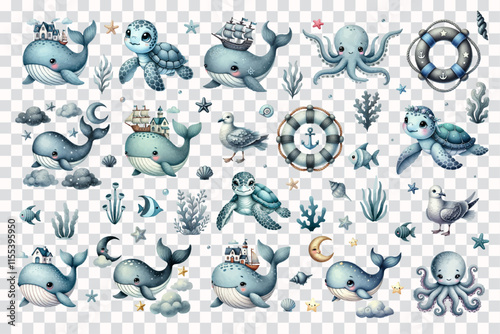 Big watercolor set with cute sea character elements, whale, animals, shells, corals, seaweed.