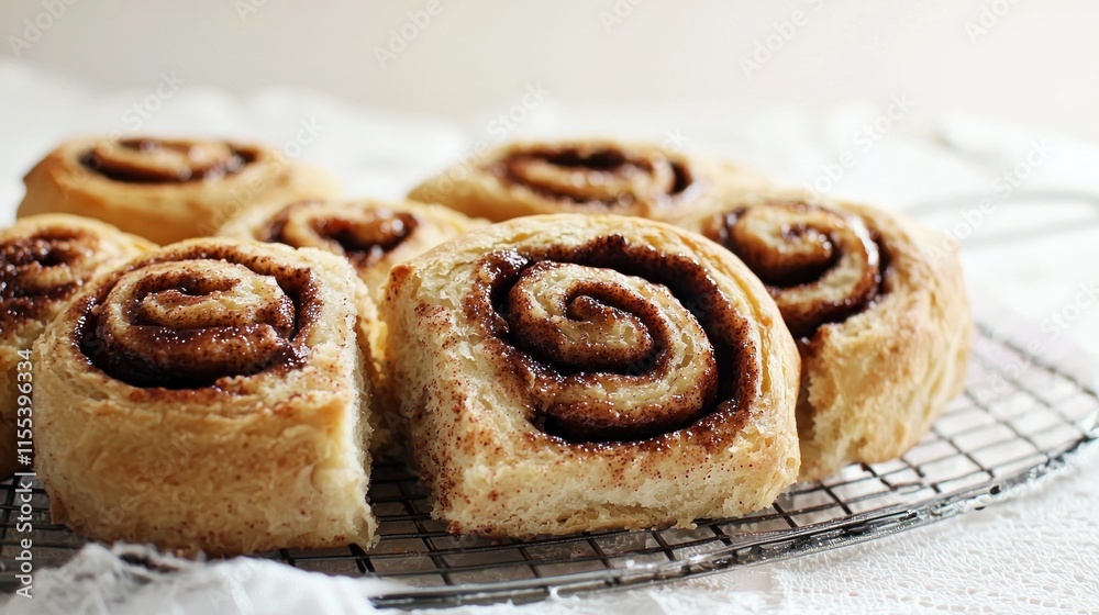 Freshly baked cinnamon rolls on a cooling rack. Freshly baked cinnamon rolls on a cooling rack.