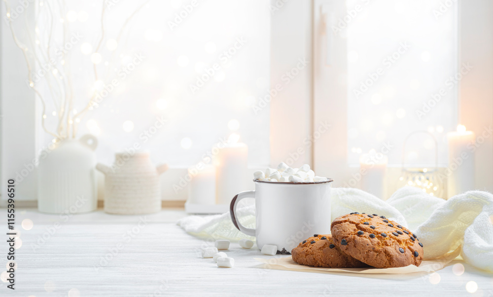 Winter holidays cozy home interior background with coffee mug, marshmallow and cookies