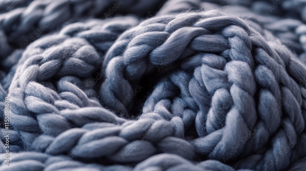 Close-up of a textured, swirling, chunky knit fabric in a muted gray-blue tone. Close-up of a textured, swirling, chunky knit fabric in a muted gray-blue tone.