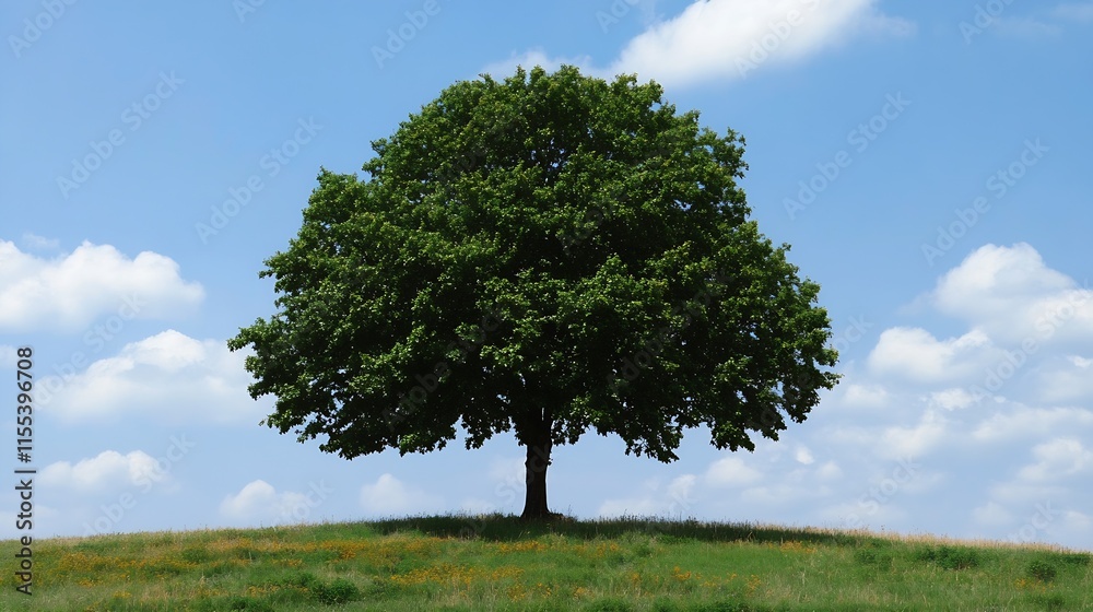 Fototapeta premium Lone Majestic Tree Standing on a Grassy Hill Under a Clear Blue Sky : Generative AI