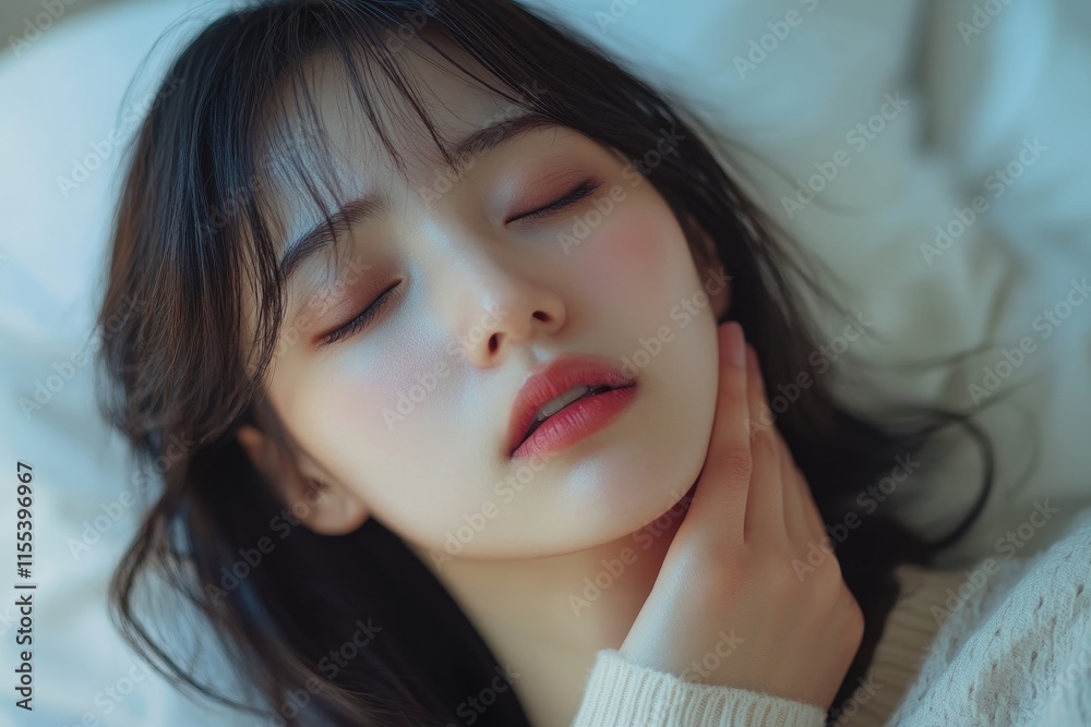 Sore throat in flu season. Young asian woman touching her neck and feeling pain in throat in the bedroom at home, Generative AI Sore throat in flu season. Young asian woman touching her neck and feeling pain in throat in the bedroom at home, Generative AI