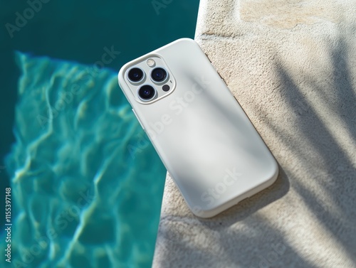 Modern Smartphone case mockup on Poolside with Calm Blue Water and Natural Lighting