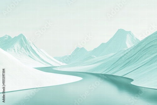 Mountain range with winding river showcases serene landscape and ample copy space for text placement. Generative AI photo