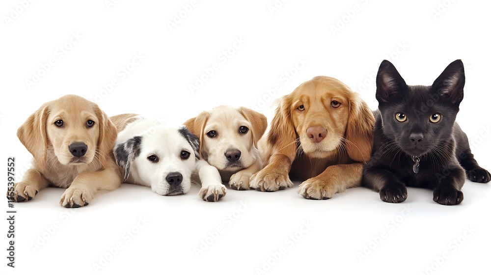 Group of Diverse Cute Puppies and a Kitten Lying Together Happily : Generative AI Group of Diverse Cute Puppies and a Kitten Lying Together Happily : Generative AI