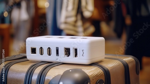 95. A compact travel adapter with multiple plug options displayed on a suitcase photo