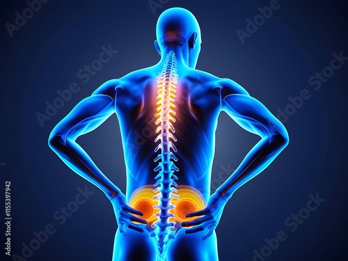 A human figure with a back pain is bent over his shoulder