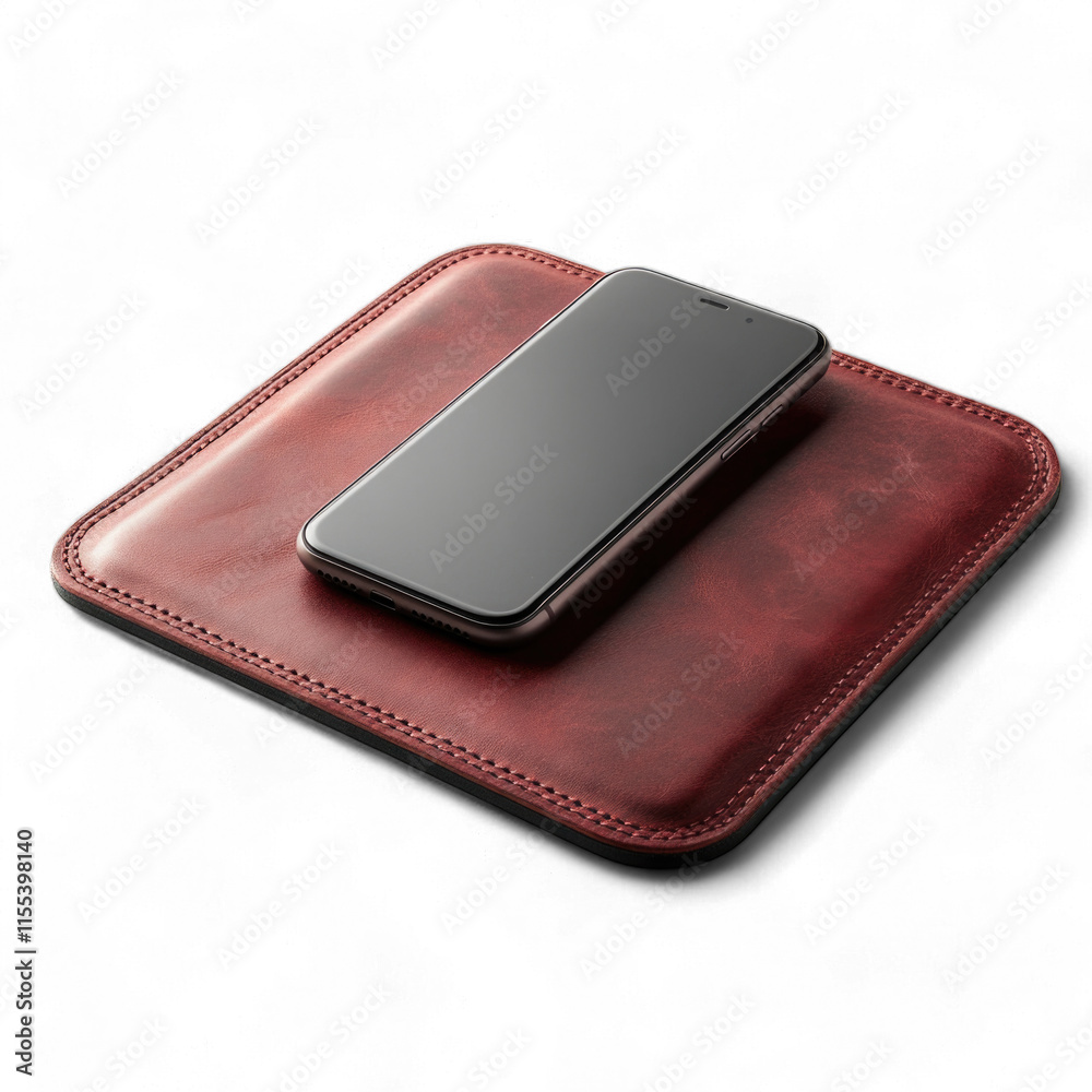Modern smartphone resting on a sleek leather charging pad isolated on transparent background, PNG Modern smartphone resting on a sleek leather charging pad isolated on transparent background, PNG