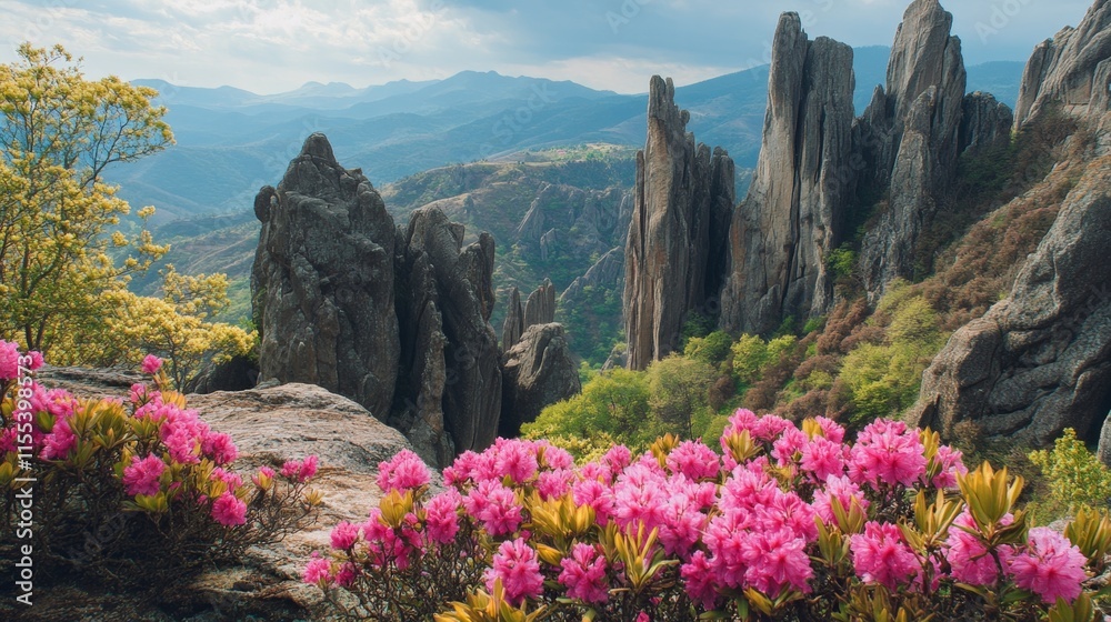 Majestic Mountain Landscape with Pink Flowers Majestic Mountain Landscape with Pink Flowers