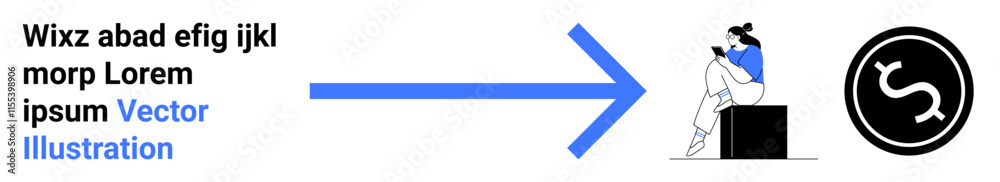 Text arranged to form an arrow pointing right towards a person seated on a cube while using a phone, beside a black circle with a curved white line. Ideal for design, direction, navigation Text arranged to form an arrow pointing right towards a person seated on a cube while using a phone, beside a black circle with a curved white line. Ideal for design, direction, navigation