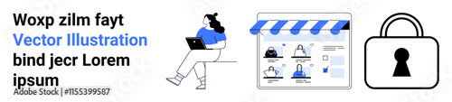 Digital safety measures with security personnel and storefront interface. Ideal for cybersecurity, e-commerce, data protection, online retail, digital privacy, access control, customer safety