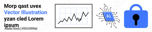 Line chart with fluctuating data, AI microchip, and blue padlock symbolizing data analytics, artificial intelligence, and cybersecurity. Ideal for technology, AI development, cybersecurity, data
