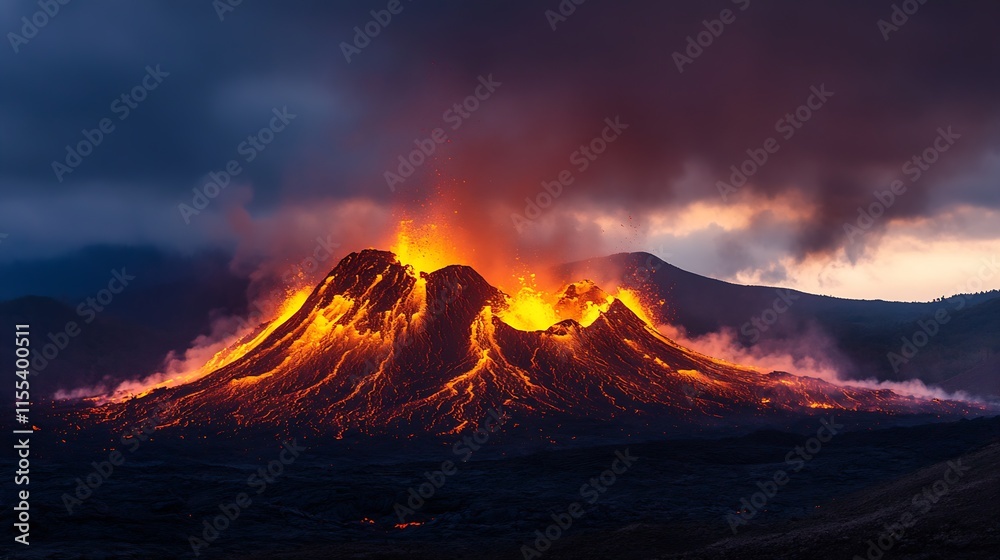 Fototapeta premium Erupting volcano spewing lava amidst dramatic cloudy backdrop : Generative AI
