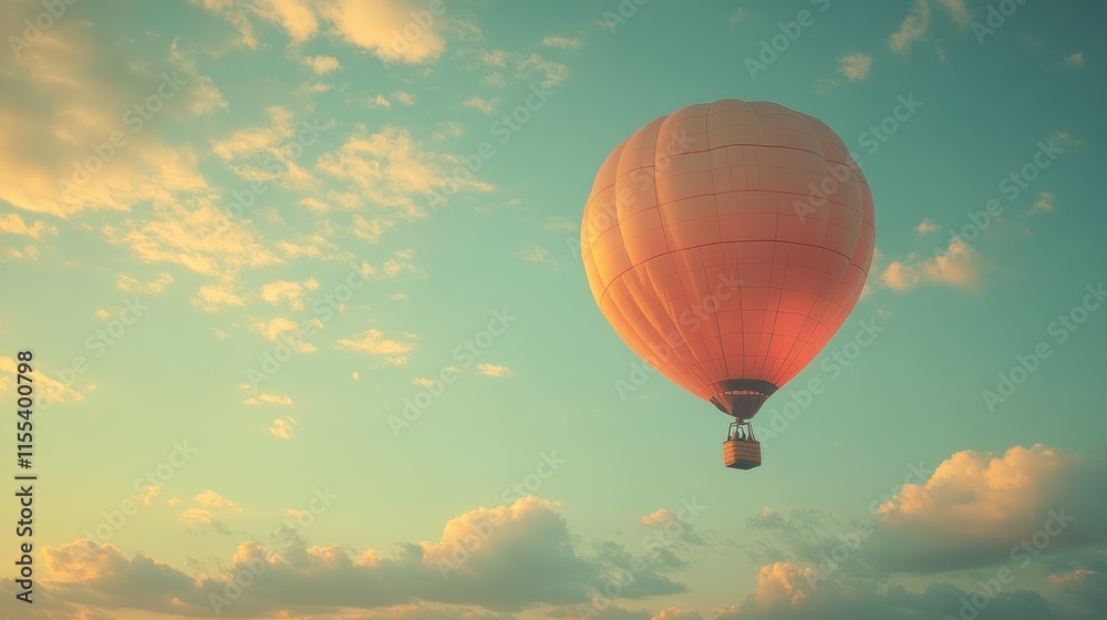 Fototapeta premium A serene hot air balloon floats in a colorful sky at sunset.