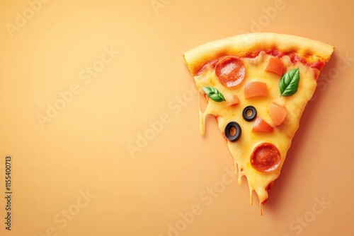 Delicious pizza slice with fun toppings and cheese drips on a minimalistic background for a tasty mock up. Generative AI photo