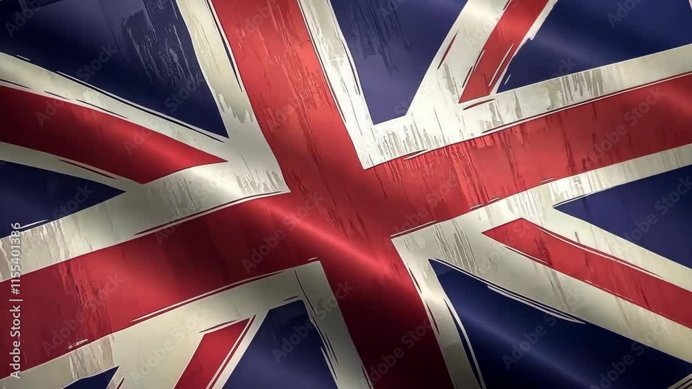 Union Jack flag waving under bright sunlight in urban setting
