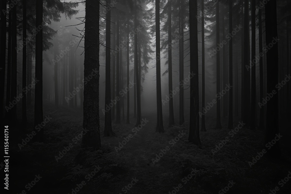 A monochromatic forest of tall, thin trees in soft gray tones A monochromatic forest of tall, thin trees in soft gray tones