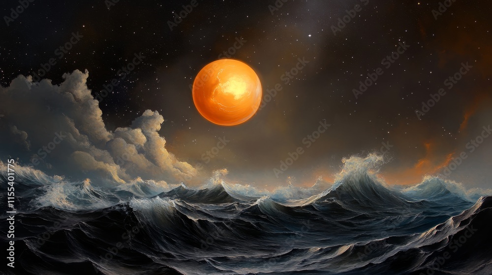 Fototapeta premium Orange Moon Over Tempestuous Sea - A large orange moon hangs over a dark, turbulent sea under a starry sky. Symbolizing mystery, power, serenity, chaos, and cosmic wonder.