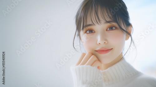 美肌の若くて可愛いアジア人女性モデルが、顎に手を当ててポーズを取っている笑顔の広告撮影。美容・ファッションポートレート。