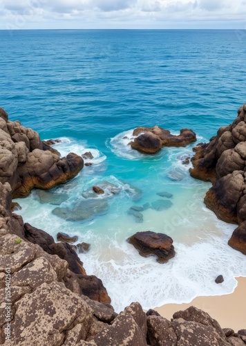 Beach Wallpaper of Blue water between rocks at beach on broughton island hawks nest nsw australia beach wallpaper summer wallpaper beach background tropical nature photo