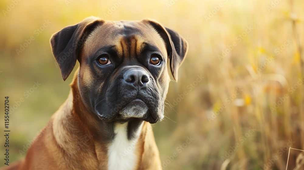 Adorable Boxer Dog Staring with Curious Eyes in Golden Field : Generative AI Adorable Boxer Dog Staring with Curious Eyes in Golden Field : Generative AI